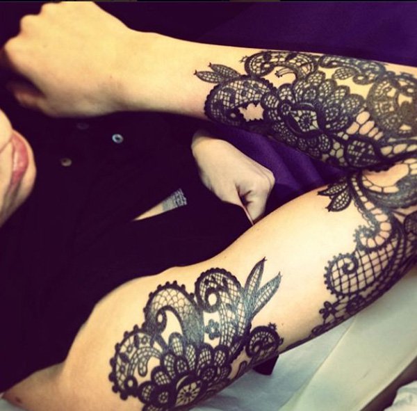 Black And Grey Lace Tattoo On Right Sleeve