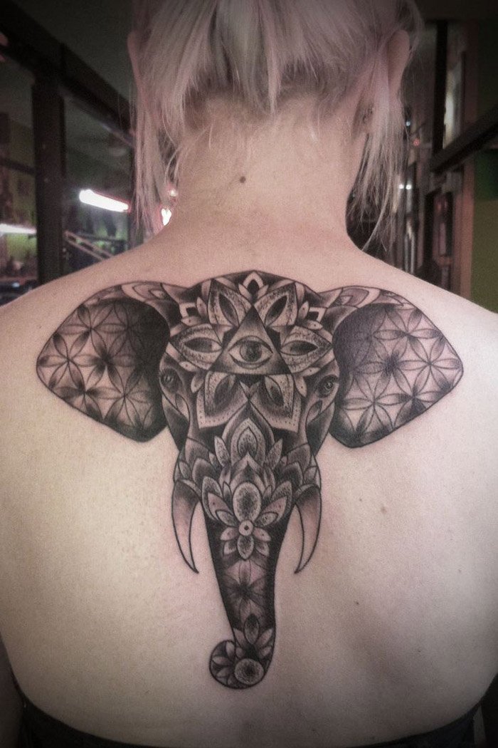 Black And Grey Mandala Elephant Head Elephant Tattoo On Girl Upper Back