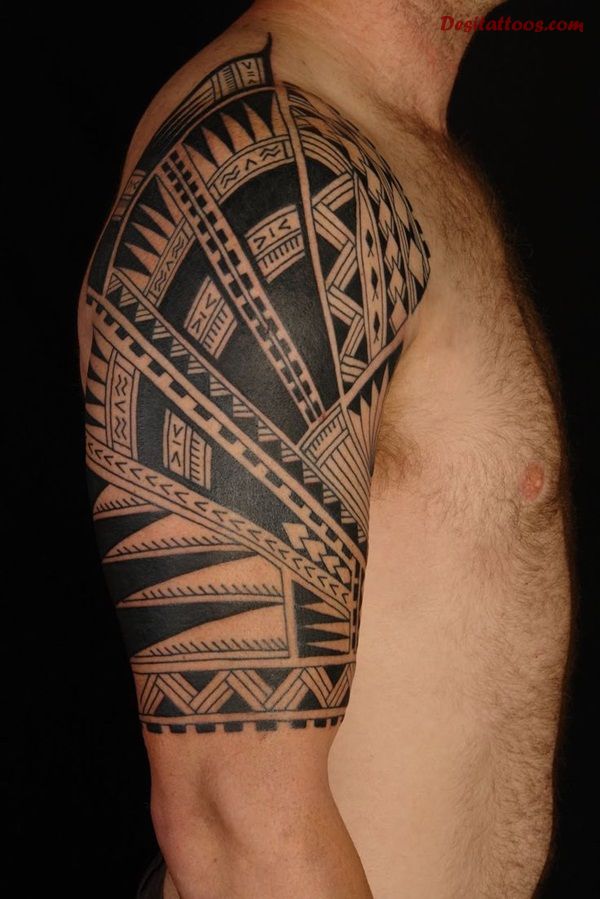Black And Grey Polynesian Tattoo On Bicep