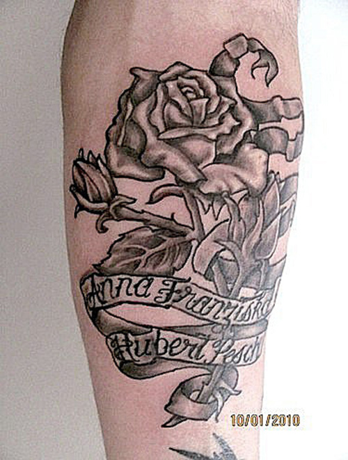 Black And Grey Rose With Banner Tattoo Design For Arm