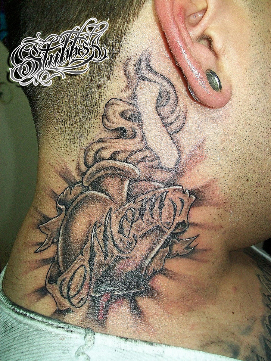 Black And Grey Sacred Heart With Banner Tattoo On Side Neck By Cody