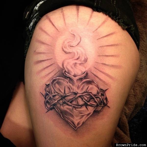 Black And Grey Sacred Heart With Barbed Tattoo On Side Thigh