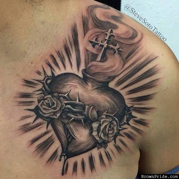 Black And Grey Sacred Heart With Roses Tattoo On Left Front Shoulder By  Steve Soto