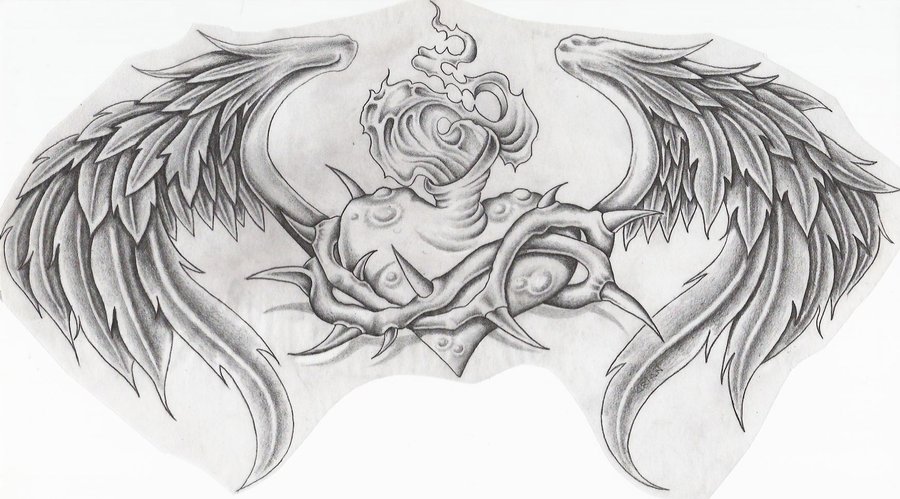 Black And Grey Sacred Heart With Wings Tattoo Design