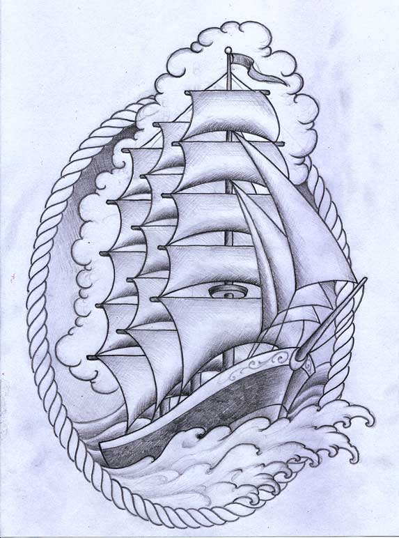 Black And Grey Ship In Frame Tattoo Design By TeroKiiskinen