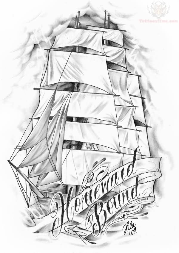Black And Grey Ship With Banner Tattoo Design By Hilary Jane