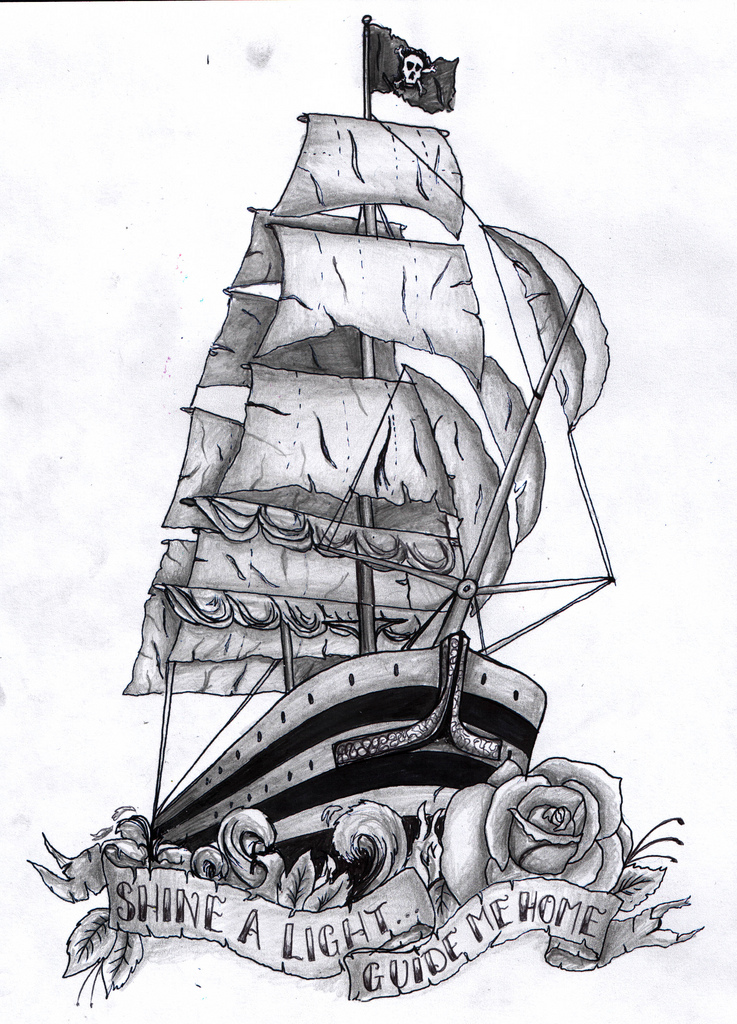 Black And Grey Ship With Rose And Banner Tattoo Design
