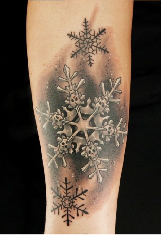 Black And Grey Skull Snowflake Tattoo Design For Forearm