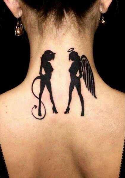 Black Angel And Devil Girl Tattoo On Girl Back Neck