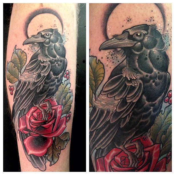 Black Crow On Red Rose Design
