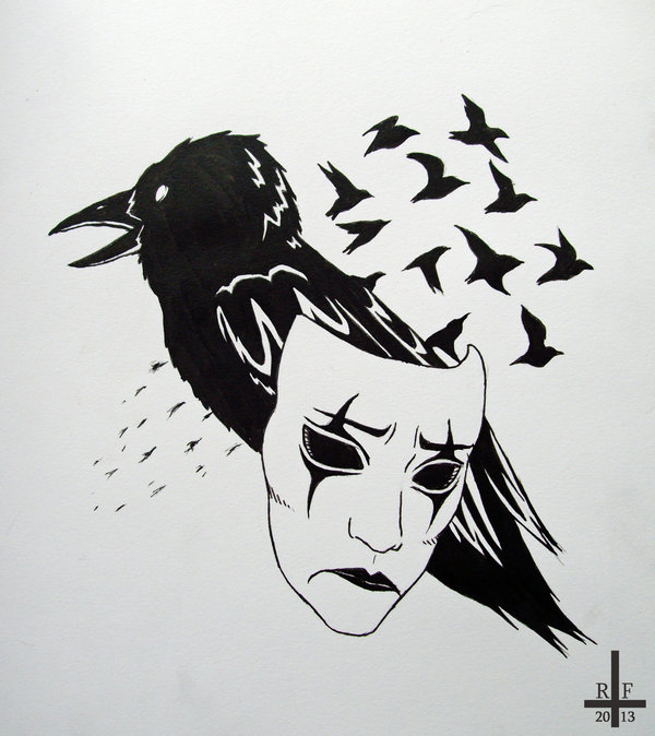 Black Crow With Mask Tattoo Design