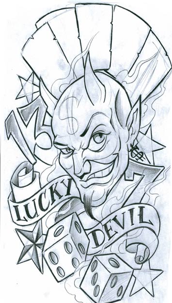 Black Devil Head With Banner And Two Dice Tattoo Design