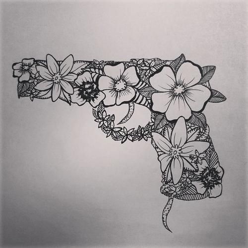 Black Flowers Gun Tattoo Design