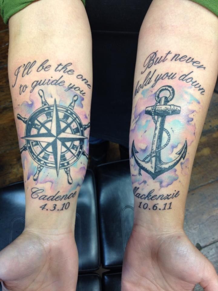Black Ink Compass With Anchor Tattoo On Both Forearm