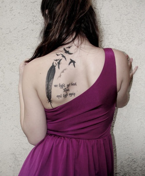 Black Ink Feather With Flying Birds Tattoo On Girl Left Back Shoulder