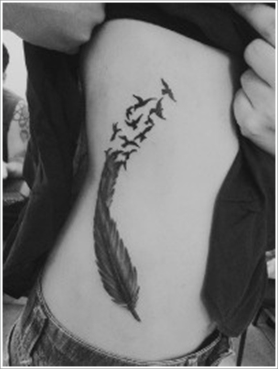 Black Ink Feather With Flying Birds Tattoo On Side Rib