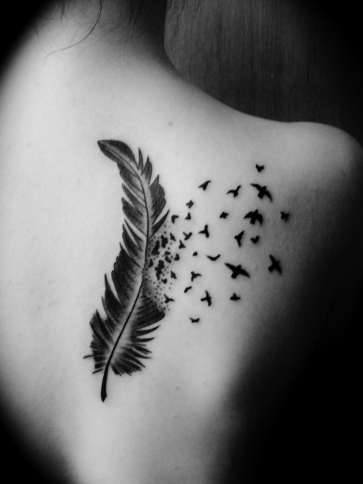 Black Ink Feather With Flying Birds Tattoo On Upper Back