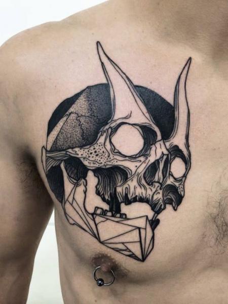 Black Ink Geometric Devil Skull Tattoo On Man Chest