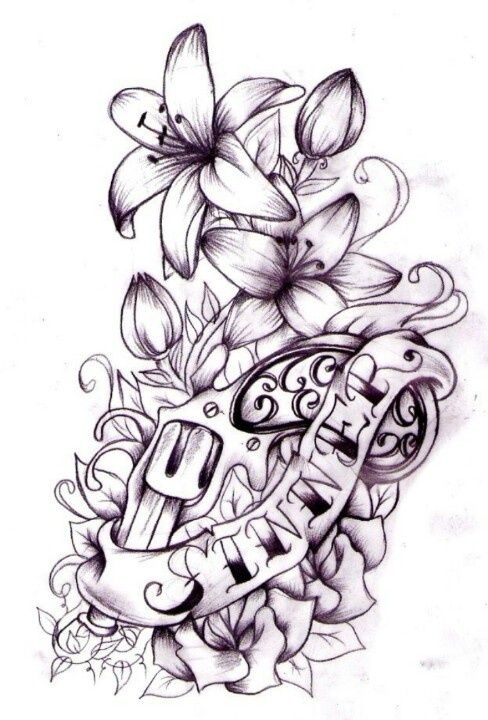 Black Ink Gun With Flower And Banner Tattoo Design