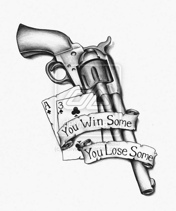 Black Ink Gun With Playing Cards And Banner Tattoo Design