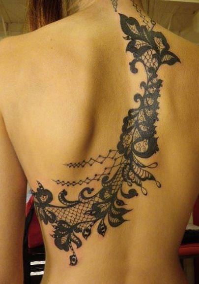Black Ink Lace Tattoo On Back Body