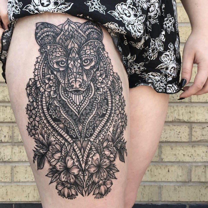 Black Ink Mandala Fox Head Tattoo On Girl Thigh