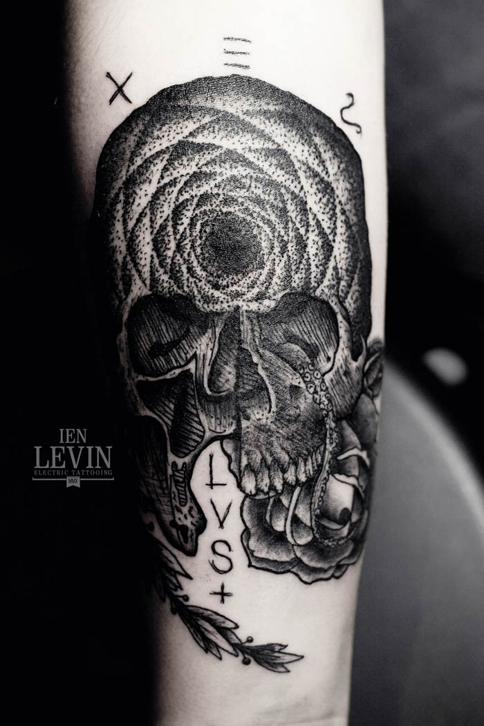 Black Ink Mandala Skull With Rose Tattoo Design For Forearm