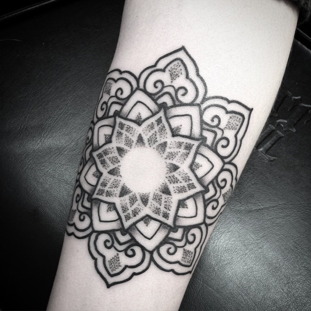Black Ink Mandala Tattoo Design For Forearm