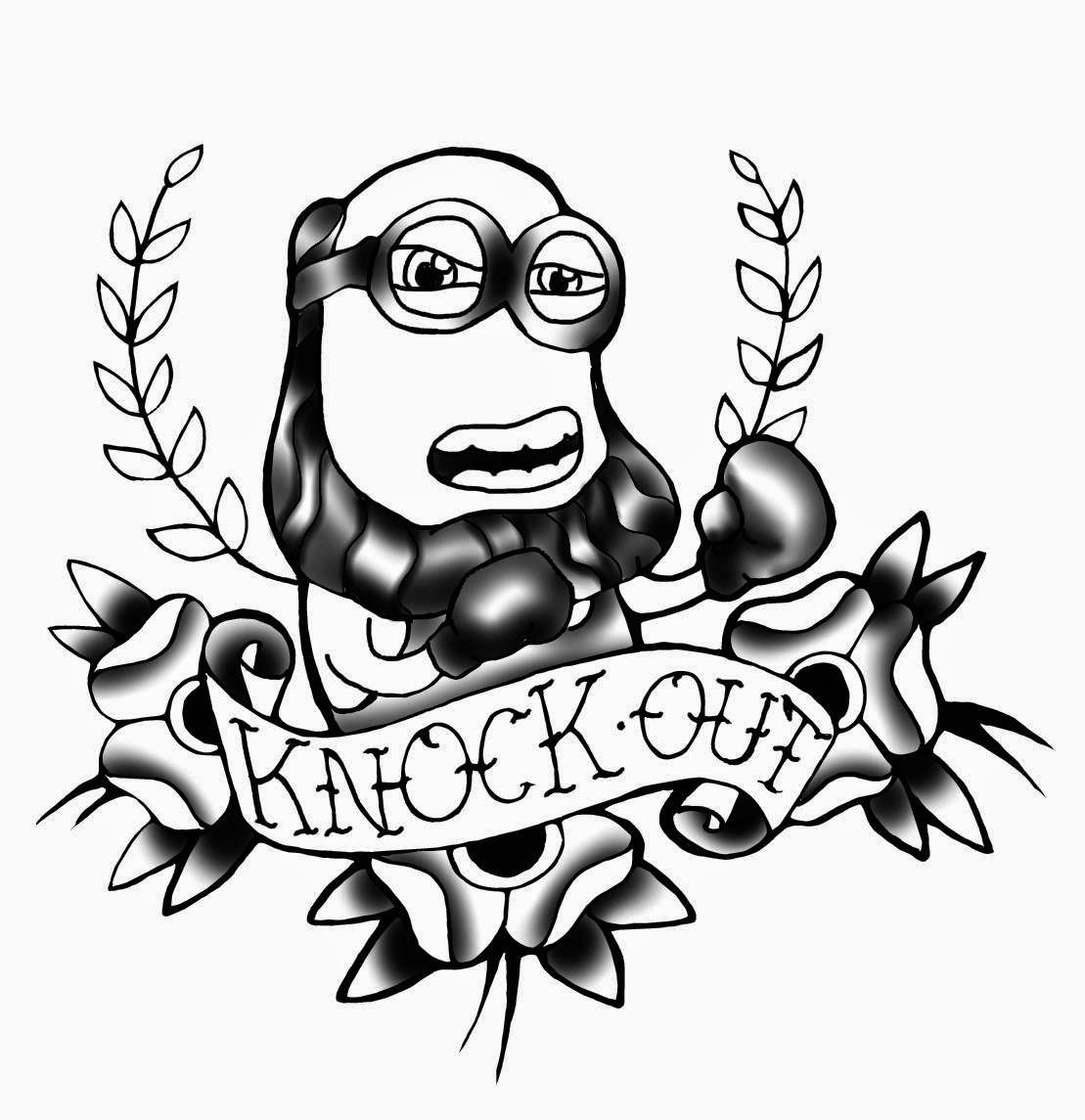 Black Ink Minion With Flowers And Banner Tattoo Design
