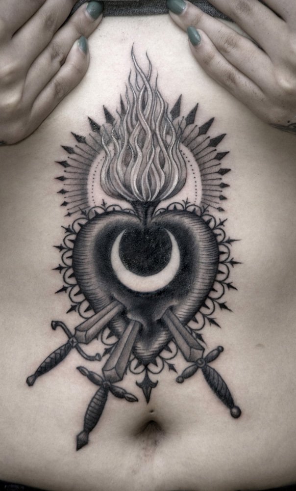 Black Ink Three Dagger In Sacred Heart Tattoo Design By Anderson Luna