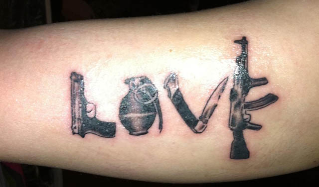 Black Love Gun Tattoo Design For Forearm