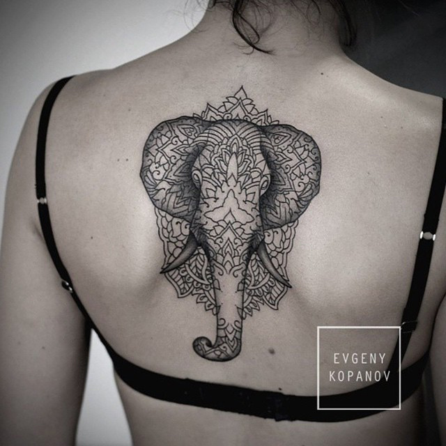 Black Mandala Elephant Head Tattoo On Girl Upper Back By Evgeny Kopanov