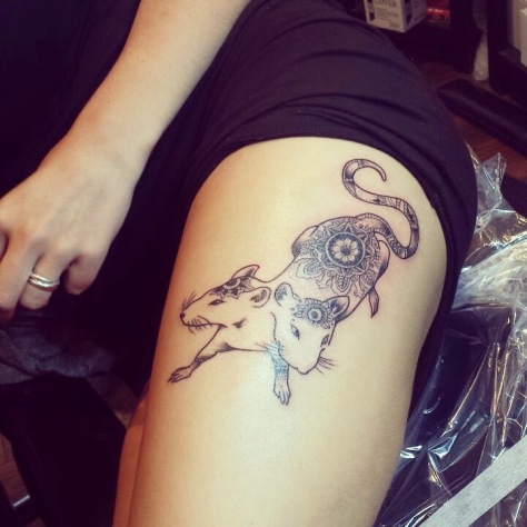 Black Mandala Two Face Rat Tattoo On Girl Thigh
