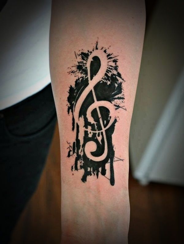 Black Music Violin Key Tattoo On Forearm