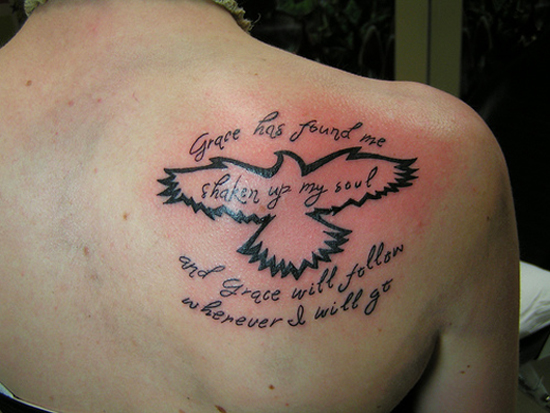 Black Outline Crow With Quotes Tattoo On Right Back Shoulder