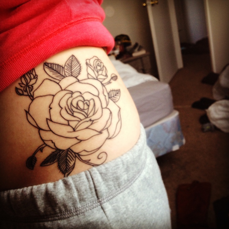 Black Outline Rose Tattoo On Side Hip