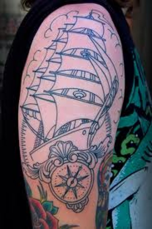 Black Outline Ship With Compass Tattoo On Half Sleeve