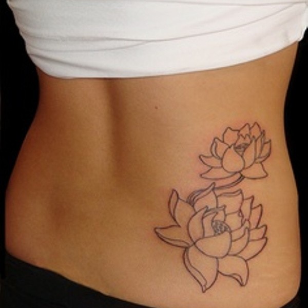 Black Outline Two Lotus Flowers Tattoo On Lower Back