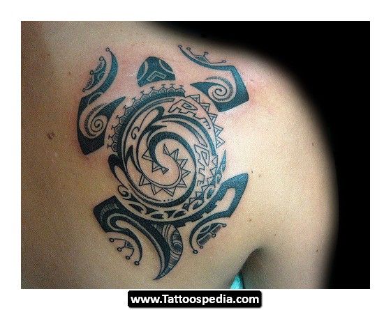 Black Polynesian Turtle Tattoo On Right Back Shoulder