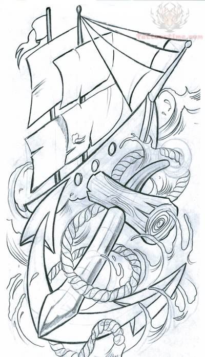 Black Ship With Anchor Tattoo Design