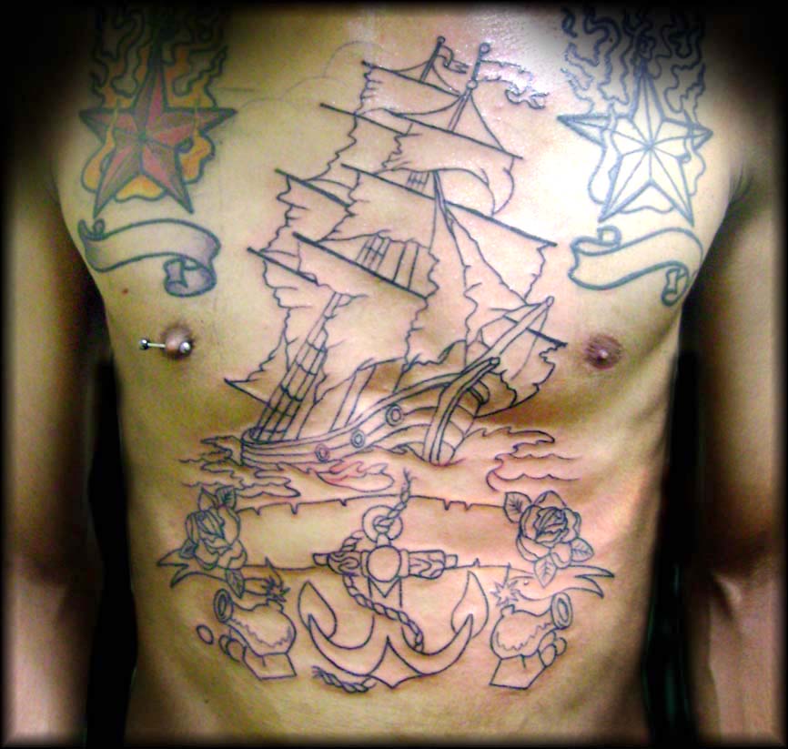 Black Ship With Anchor Tattoo On Man Full Body By Giuliano Rizzo