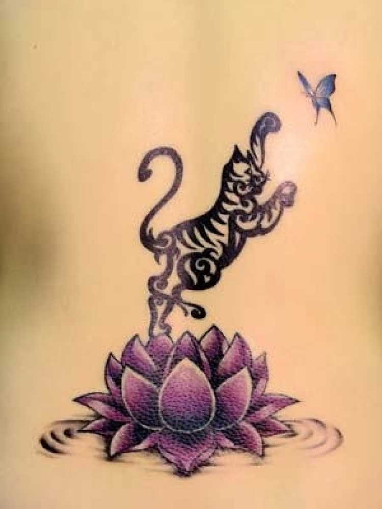 Black Tiger On Purple Lotus Tattoo Design