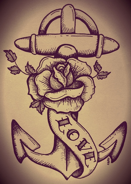Black Traditional Anchor With Rose And Banner Tattoo Design