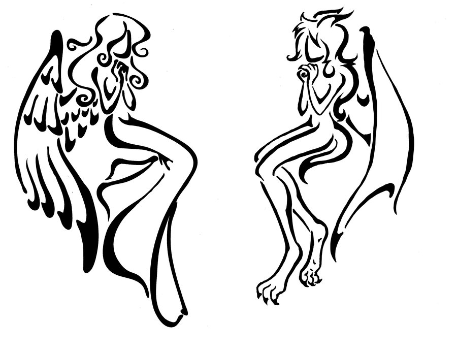 Black Tribal Angel And Devil Girl Tattoo Stencil