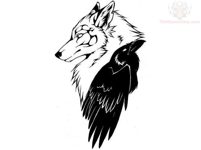 Black Wolf Head With Crow Tattoo Stencil