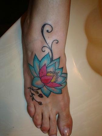 Blue And Pink Lotus Tattoo On Foot