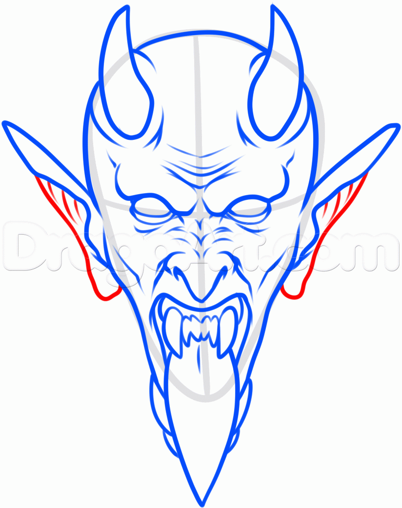 Blue And Red Outline Devil Head Tattoo Stencil.