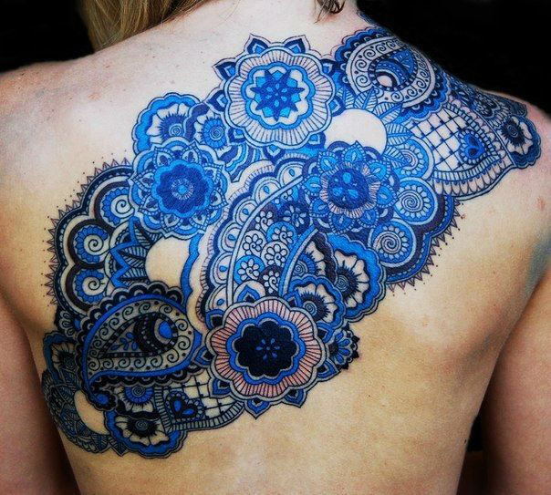 Blue Lace Tattoo On Right Back Body