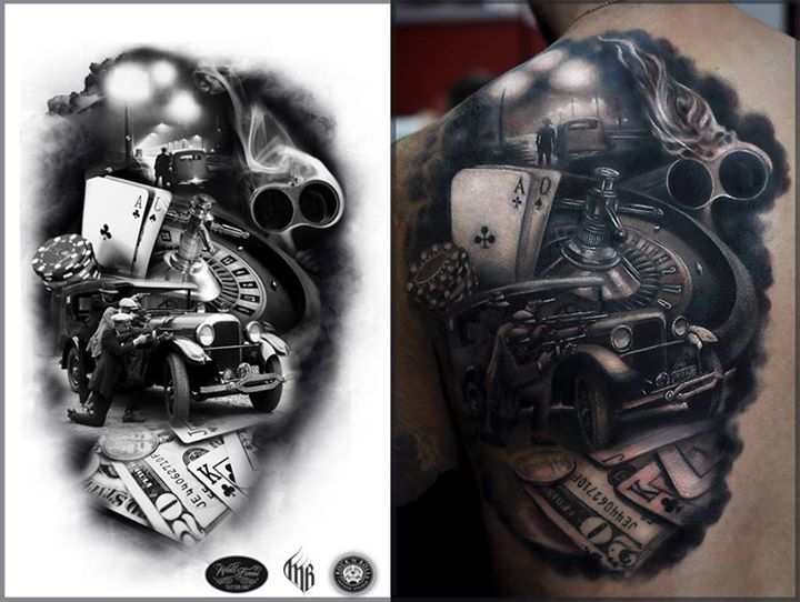 Car Compass and gun tattoo on back by Hypnotic-Art Tattoo Möglingen