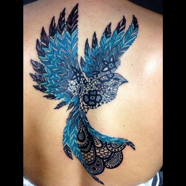 Color Feathers Flying Bird Lace Tattoo